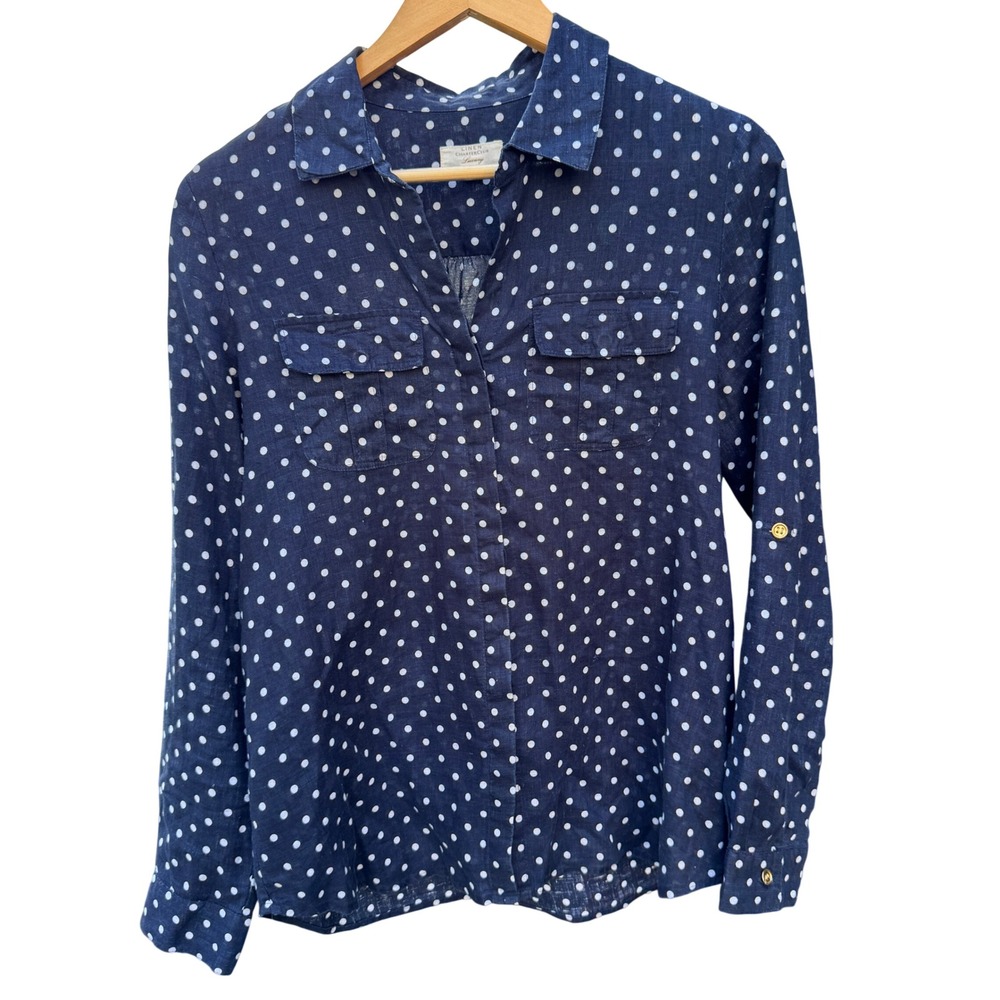 Charter Club Womens Linen Button Up Shirt M Blue Roll Tab Polka Dot Coastal